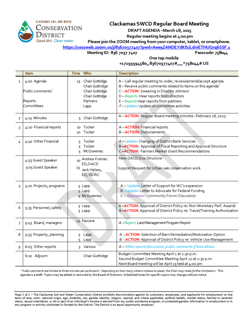 Board of Directors - Regular Meeting @ Clackamas Soil and Water Conservation District | Beavercreek | Oregon | United States