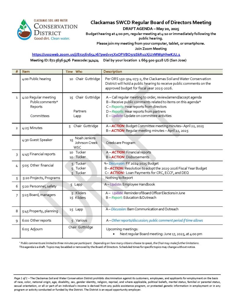 Board of Directors - Regular Meeting @ Clackamas Soil and Water Conservation District | Beavercreek | Oregon | United States